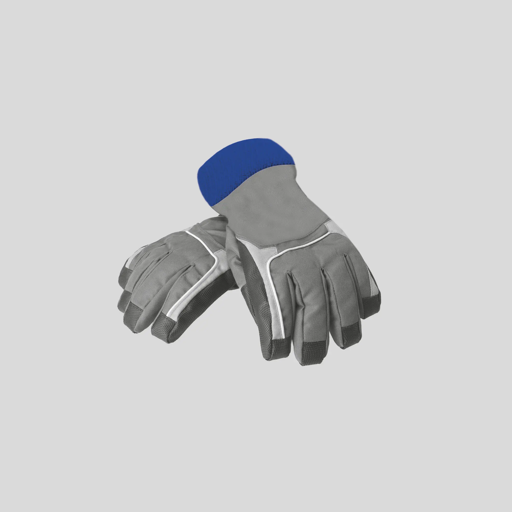 FlexiKlett auf einem Produktfoto von grau-dunkelblauen dicken Handschuhen vor grauem Hintergrund