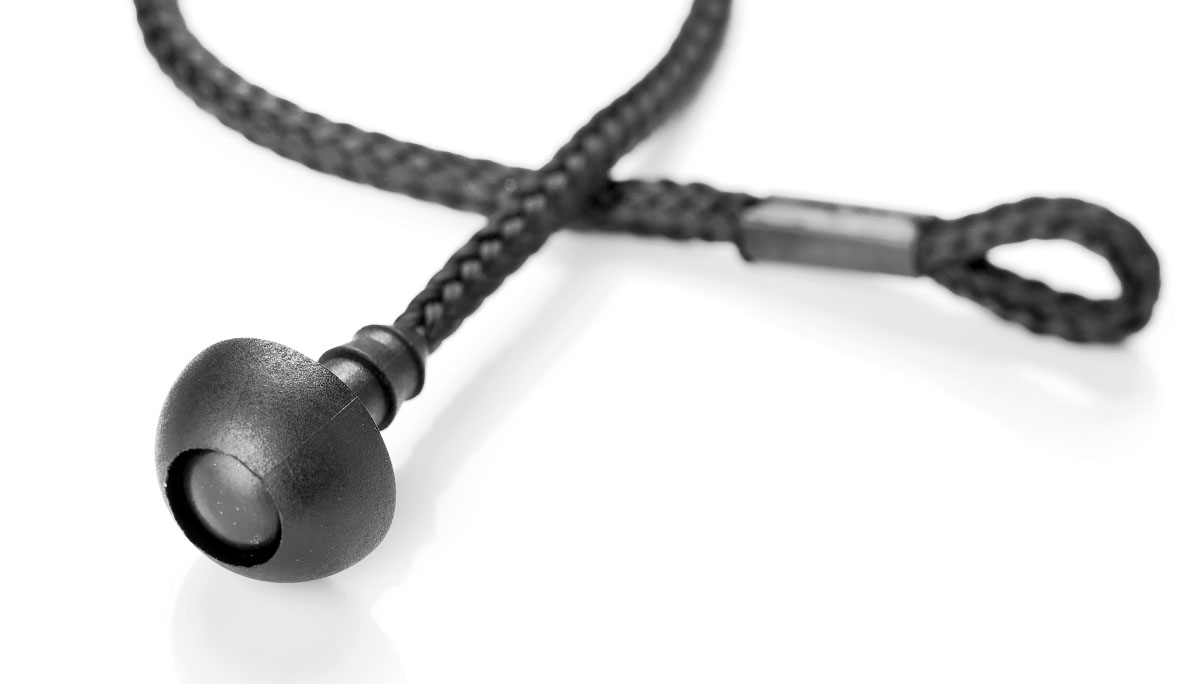 Foto eines schwarzen Hutabalgebands: Flechtkordel mit aufgepresster Kalotte.