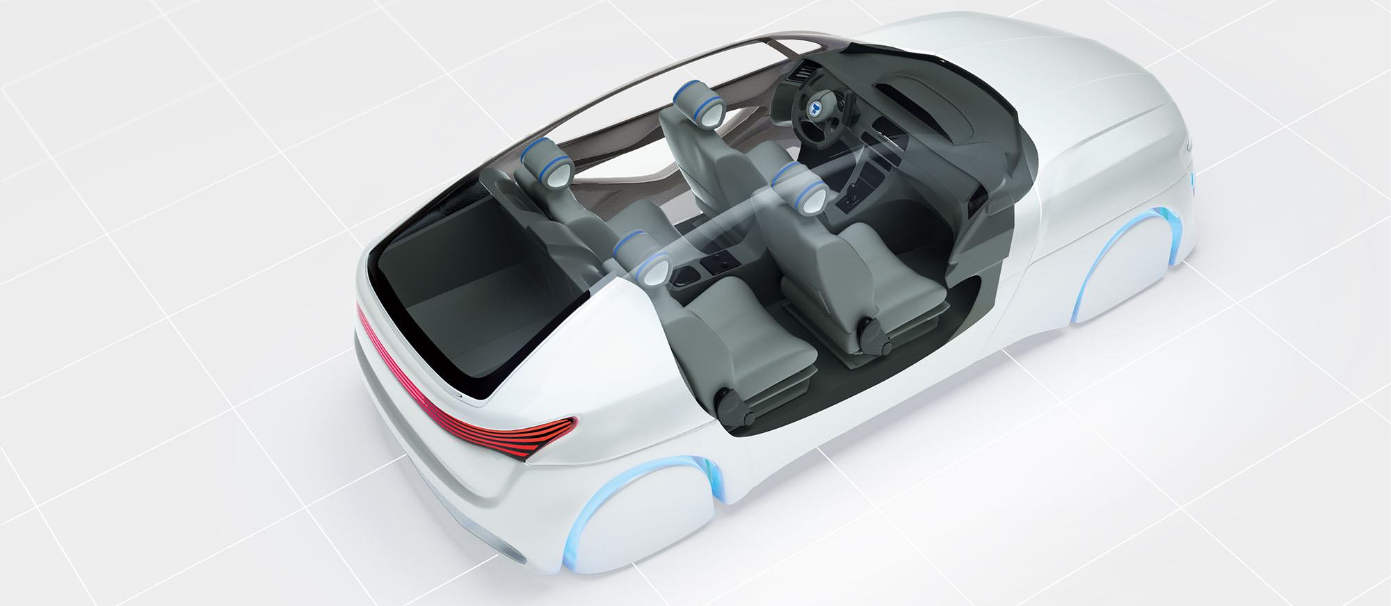 Computergrafik eines weißen Autos und Fahrzeuginnenraum, leicht futuristische Darstellung
