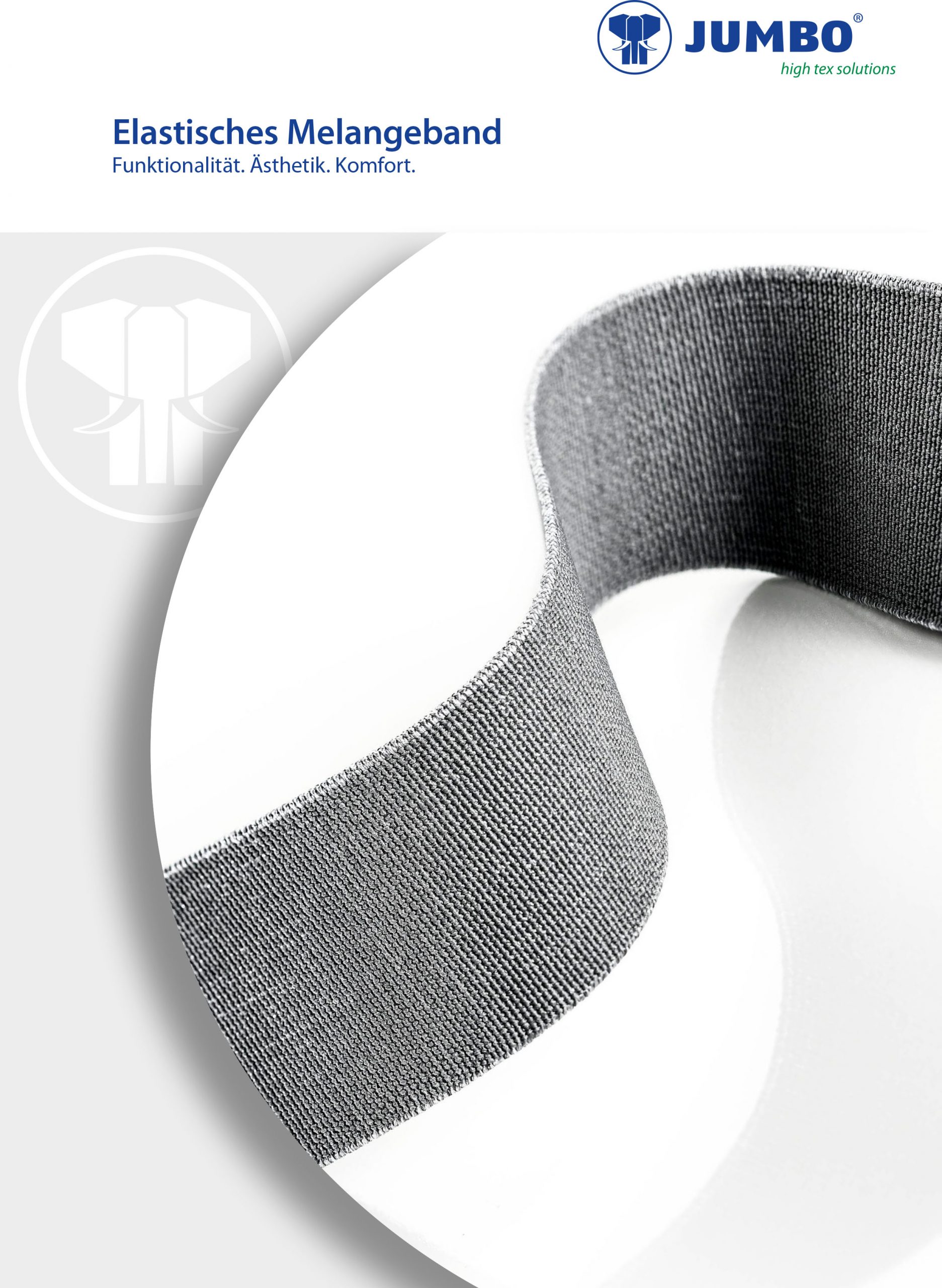 Produktfoto von einem elastischen Melangeband mit dem Text "Funktionalität. Ästehtik. Komfort"