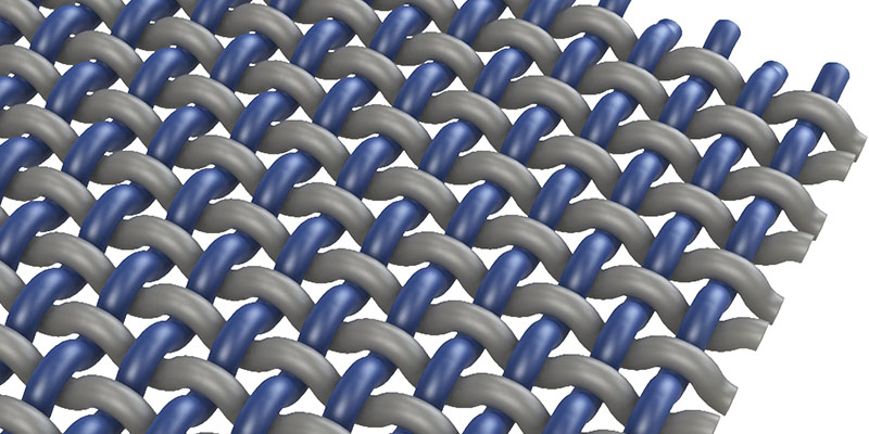 Digitales 3D-Modell einer Leinwandbindung, mit blauen und grauen Fäden