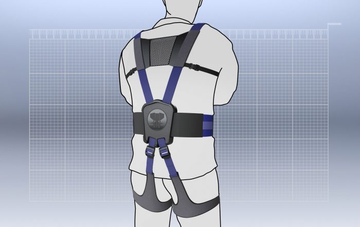 Grafische Darstellung einer Person, Rückenansicht von Schultern bis Oberschenkel. Die Person trägt ein Exoskelett von JUMBO-Textil
