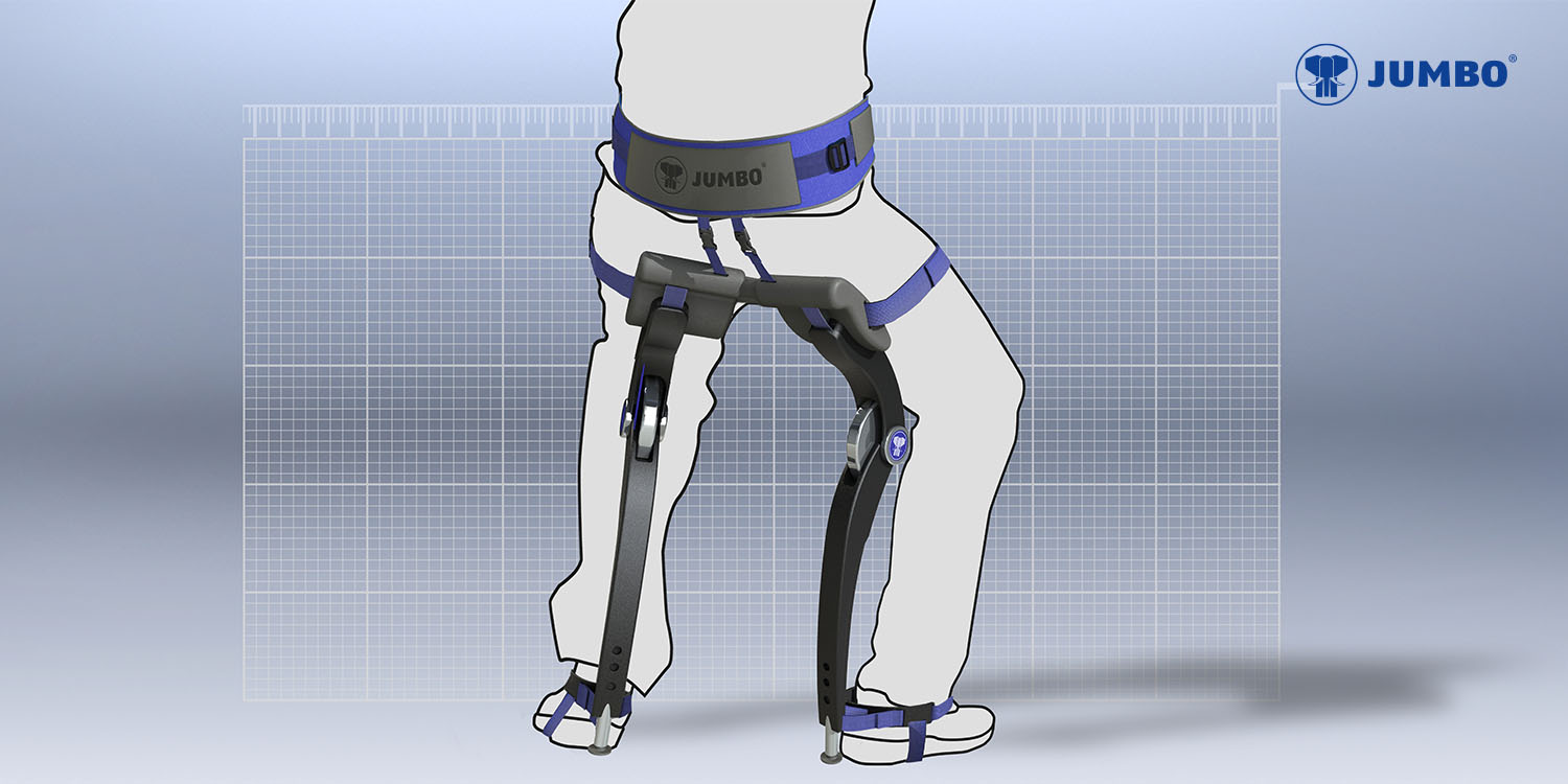 Grafische Darstellung einer Person, Rückenansicht von unterem Rücken bis zu den Füßen. Die Person trägt ein Exoskelett von JUMBO-Textil. Die Person ist in einer halben Sitzposition, um die Unterstützung des Exoskeletts zu zeigen
