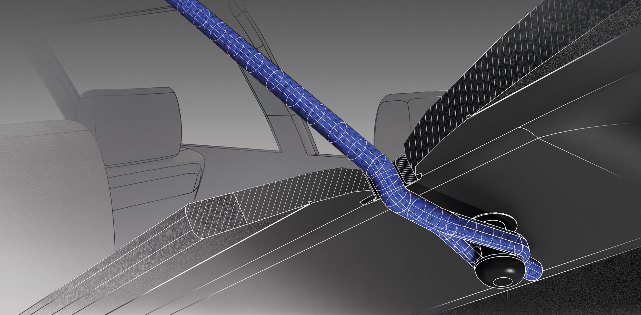 Technische Illustration einer Lochkordel zur Illustration von Aufbau und Funktionsweise, verbaut in einer Hutablage eines Autos