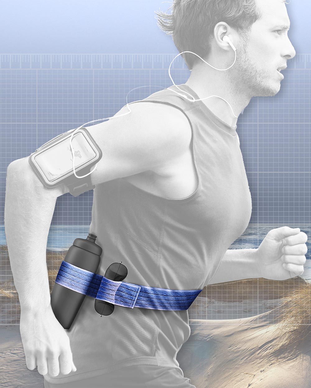 Ein Mann, in schwarz-weiß und halbtransparent abgebildet, beim Sport. Er trägt einen blauen Klettgurt um die Hüfte, um die Wasserflasche zu befestigen. Der Klettgurt ist in voller, blauer Farbe. Im Hintergrund befinden sich Dünen und Wasser, ebenfalls halbtransparent