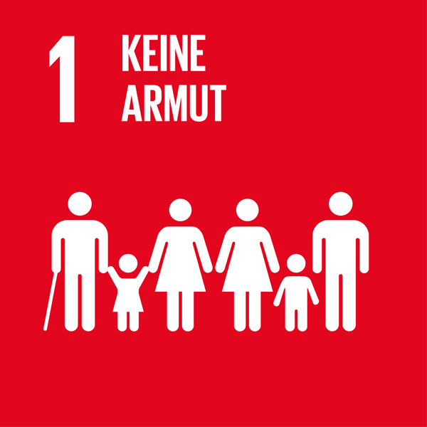 Weiße Schrift auf rotem Hintergrund: 1 Keine Armut, darunter ein Piktogramm verschiedene Menschen: Ein alter Herr mit Gehstock, ein Mädchen, zwei Frauen, ein Junge und ein Mann.