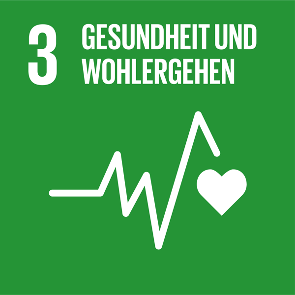 Weiße Schrift auf dunkelgrünem Hintergrund: 3 Gesundheit und Wohlergehen, darunter ein Piktogramm einer Herzschlaglinie und eines Herzens