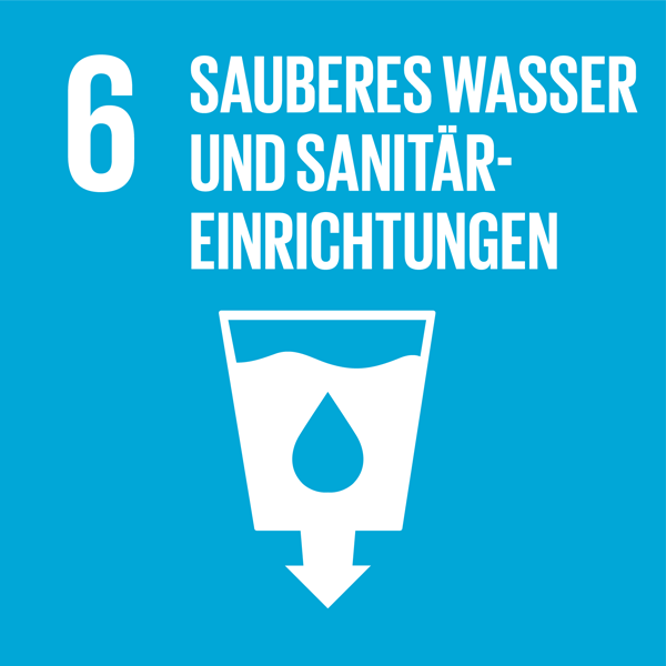 Weiße Schrift auf türkisem Hintergrund: 16 Sauberes Wasser und Sanitäreinrichtungen, darunter ein Piktogramm eines Wasserglases, welches zu einem Pfeil nach unten wird