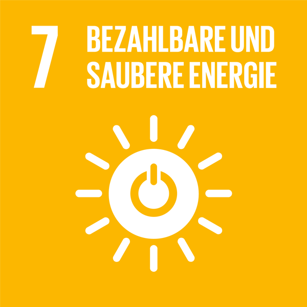 Weiße Schrift auf gelbem Hintergrund: 7 Bezahlbare und saubere Energie, darunter ein Piktogramm einer Sonne, in der das Powersymbol gesetzt ist