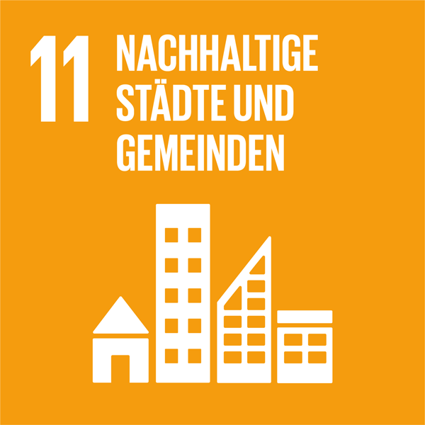 Weiße Schrift auf orangenem Hintergrund: 11 Nachhaltige Städte und Gemeinden, darunter Piktogramme eines Wohnhauses, Hochhauses, Hochhaus mit schrägem Dach und eines kleineren Gebäudes