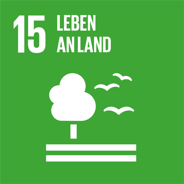Weiße Schrift auf grünem Hintergrund: 15 Leben an Land, darunter ein Piktogramm eines Baums und Vögel