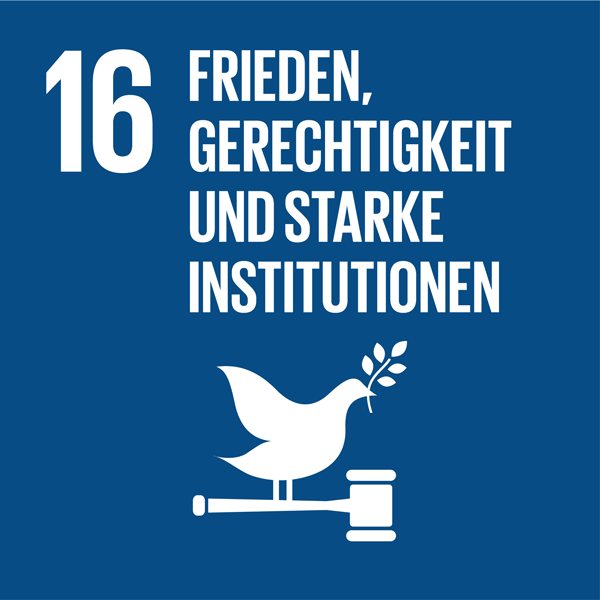 Weiße Schrift auf blauem Hintergrund: 16 Frieden, Gerechtigkeit und starke Institutionen, darunter ein Piktogramm einer Friedenstaube auf einem Richterhammer