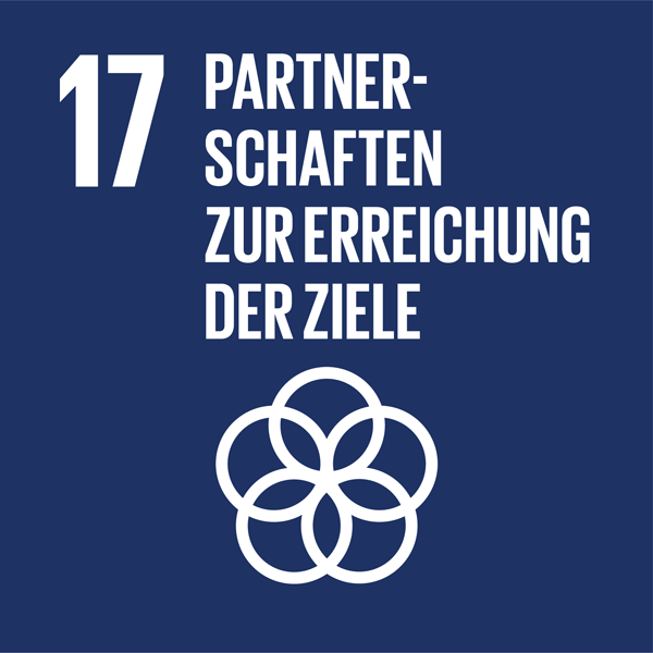 Weiße Schrift auf dunkelblauem Hintergrund: 17 Partnerschaften zur Erreichung der Ziele, darunter fünf Kreise, die so angeordnet sind, dass sie wie eine Blume aussehen