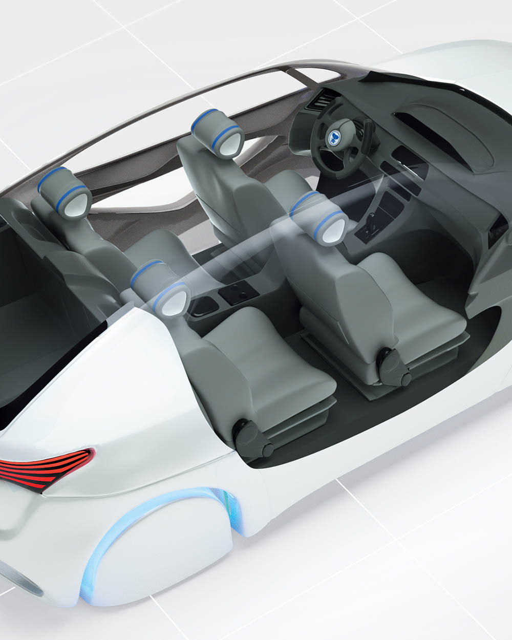 3D-Modell eines weißen Autos und Fahrzeuginnenraum, leicht futuristische Darstellung