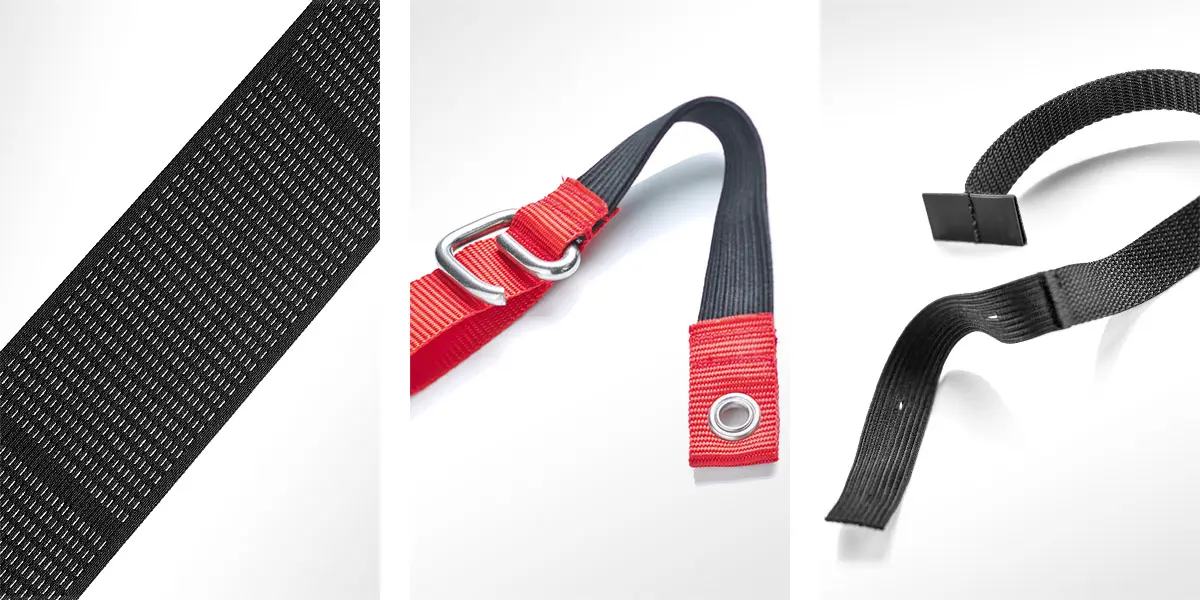 JUMBO-Textil auf der AIE 2022: Drei Produktfotos nebeneinander, alle vor weißem Hintergrund: Ein Raschellochband, Webband mit Metallhaken und Öser und schwarzes Webband