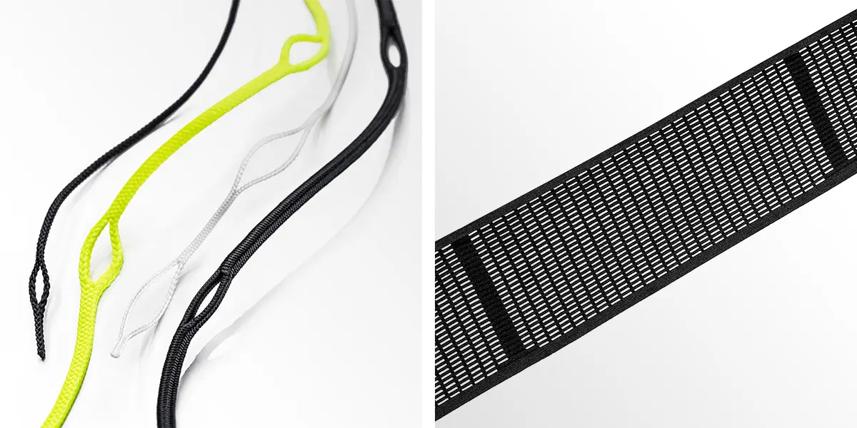 Links ein Produktfoto von Lochschnüren in schwarz, gelb und weiß und rechts ein Produktfoto eines Netzbands, beide vor weißem Hintergrund