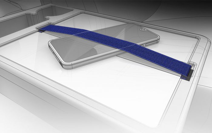 Technische Illustration eines Dokumentenhalters aus elastischem Schmaltextil, welcher ein Smartphone hält