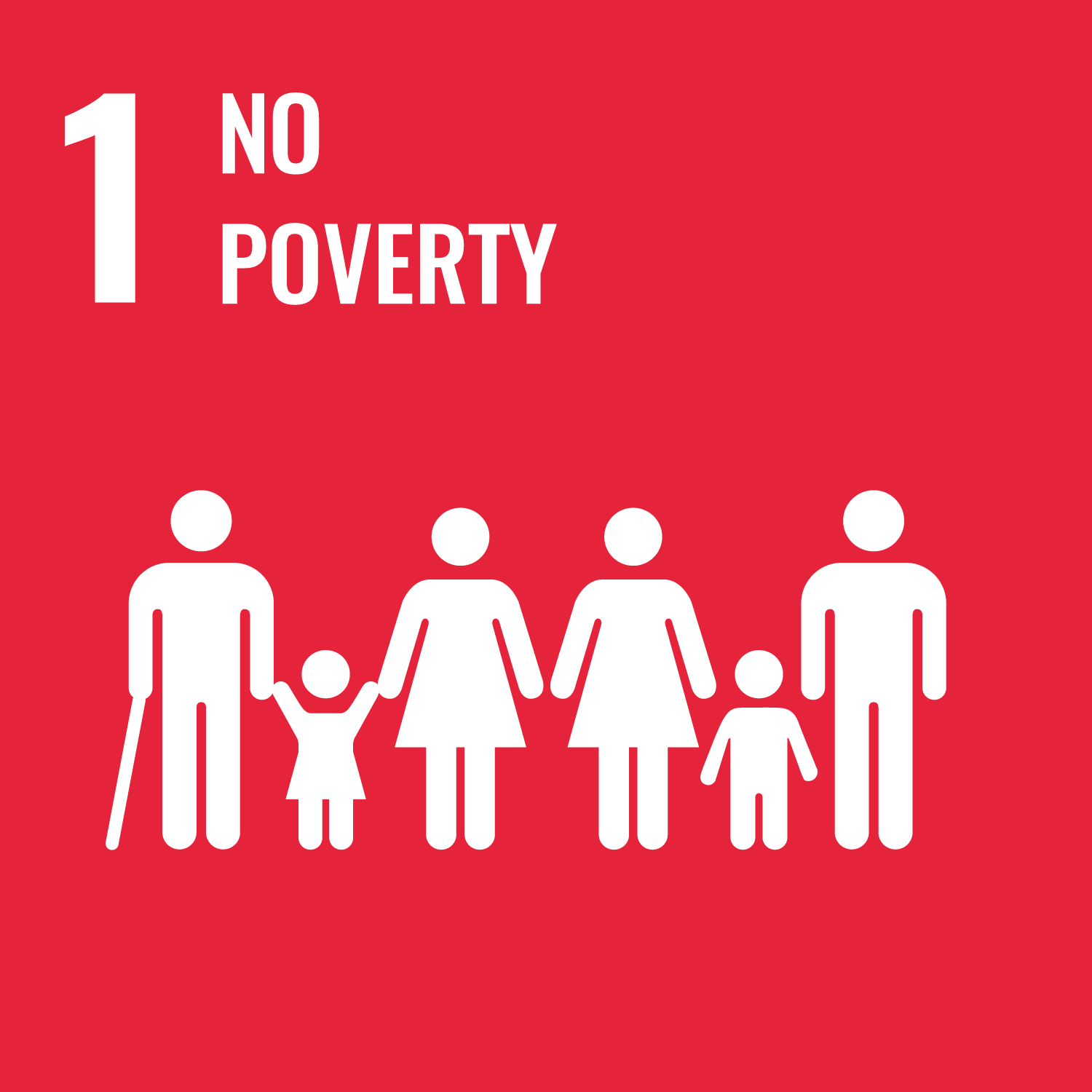White lettering on a red background: 1 No poverty, below a pictogram various people: An old gentleman with a walking stick, a girl, two women, a boy and a man.