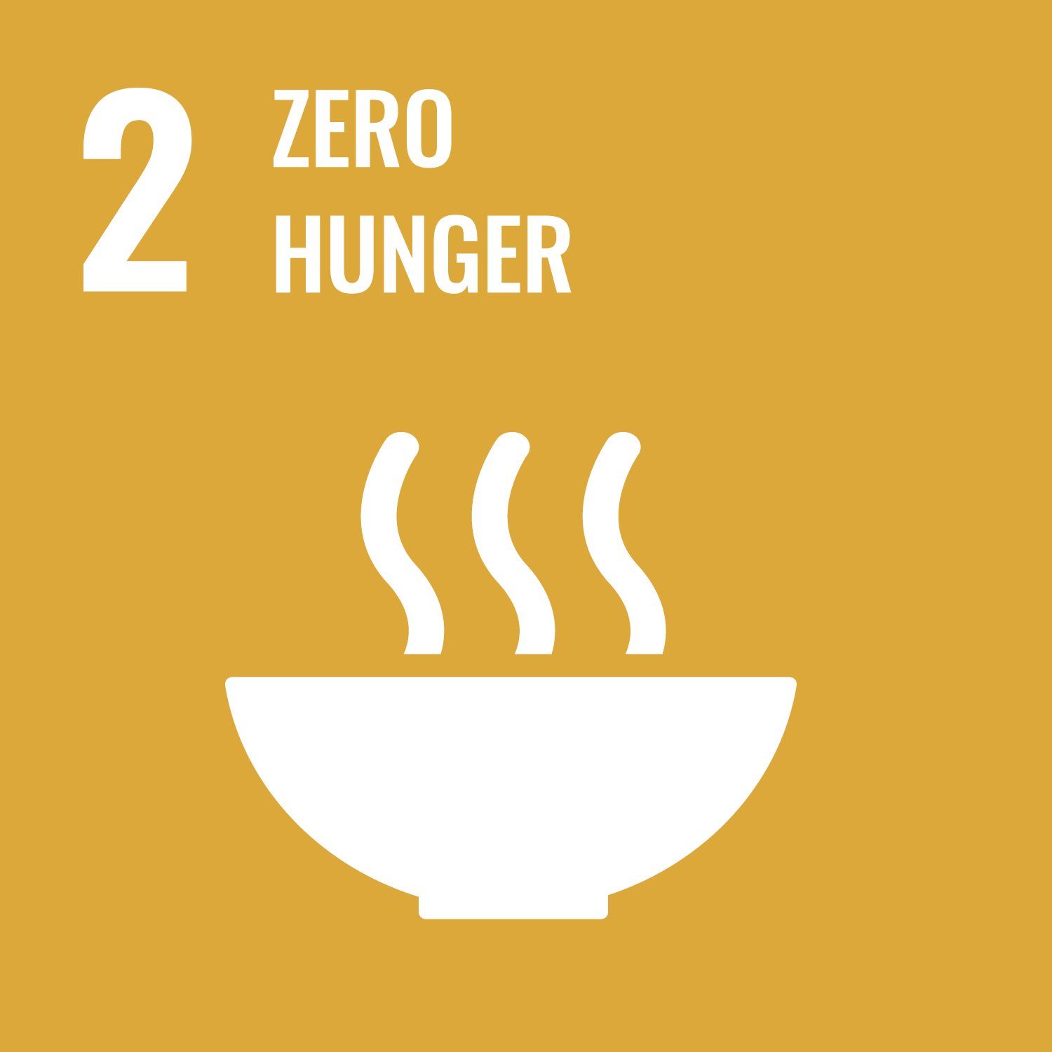 White writing on an ochre background: 2 Zero hunger, below a pictogram of a bowl with three dashes as steam