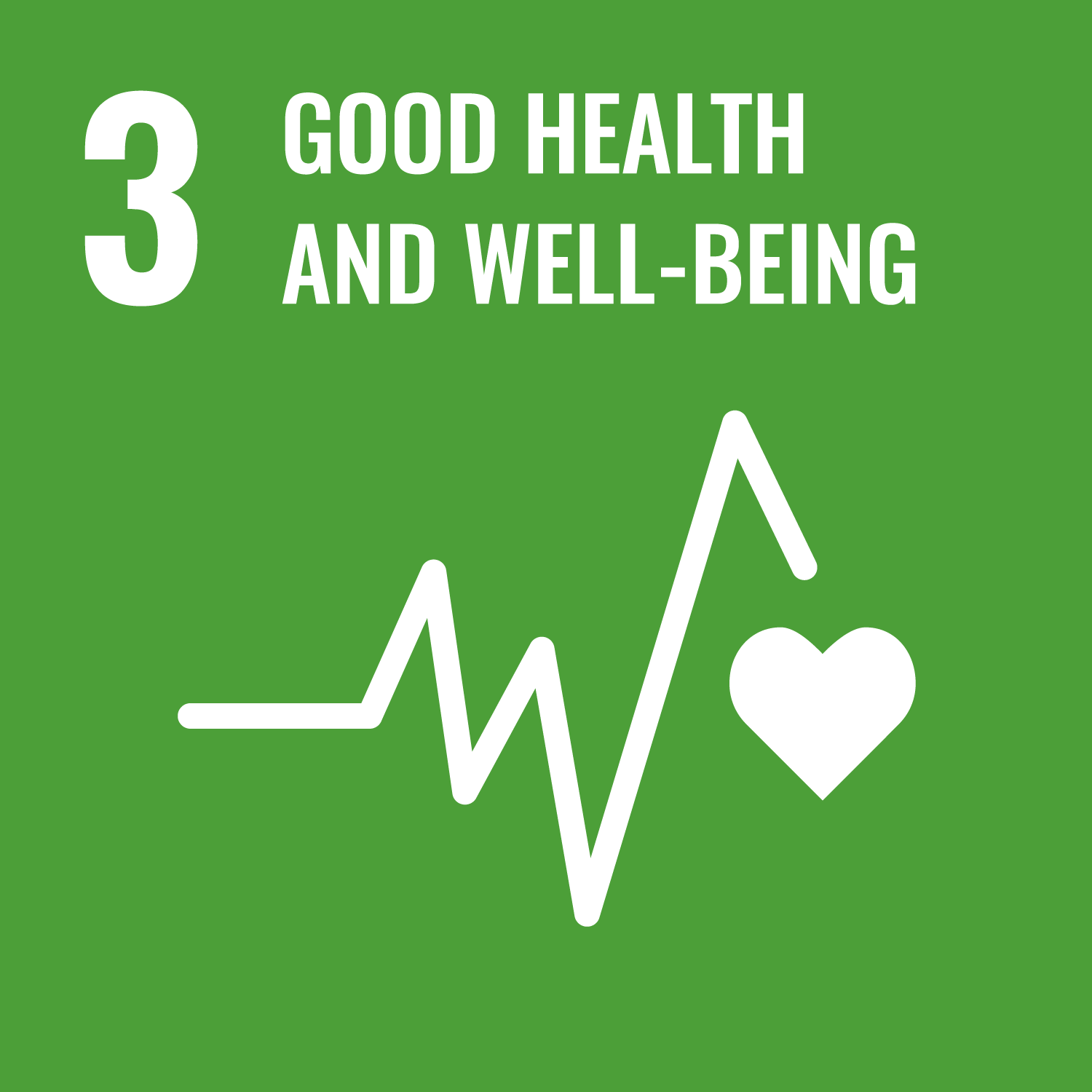 White lettering on a dark green background: 3 Good health and well-being, below a pictogram of a heartbeat line and a heart