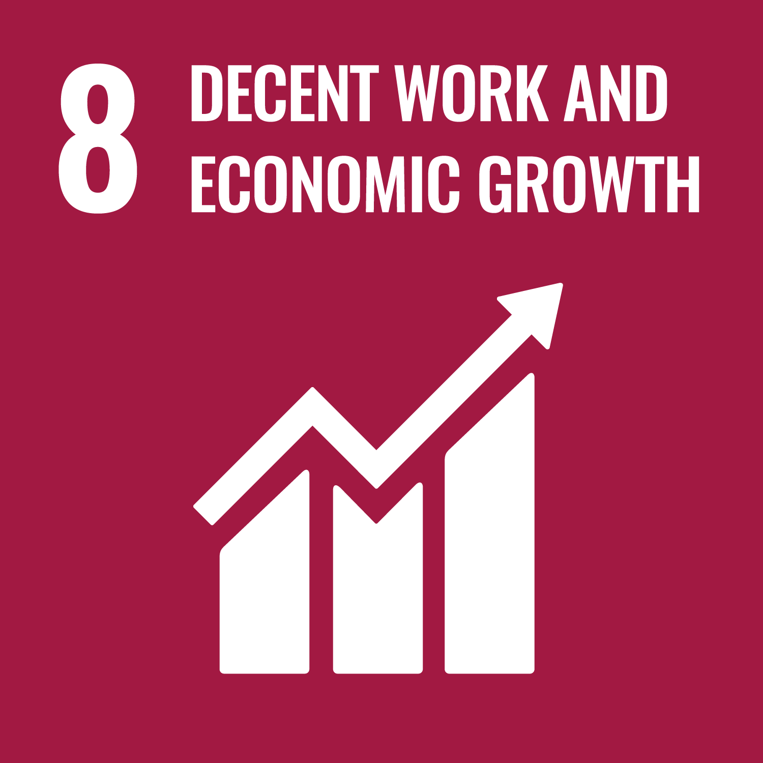 Weiße Schrift auf dunkelrotem Hintergrund: 8 Menschenwürdige Arbeit und Wirtschafts-Wachstum, darunter ein Piktogramm eines Balkendiagramms, worüber ein Pfeil verläuft