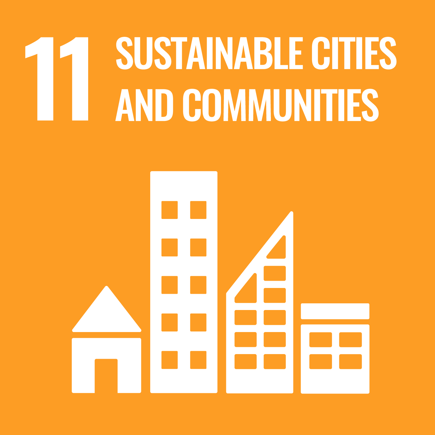 Weiße Schrift auf orangenem Hintergrund: 11 Nachhaltige Städte und Gemeinden, darunter Piktogramme eines Wohnhauses, Hochhauses, Hochhaus mit schrägem Dach und eines kleineren Gebäudes