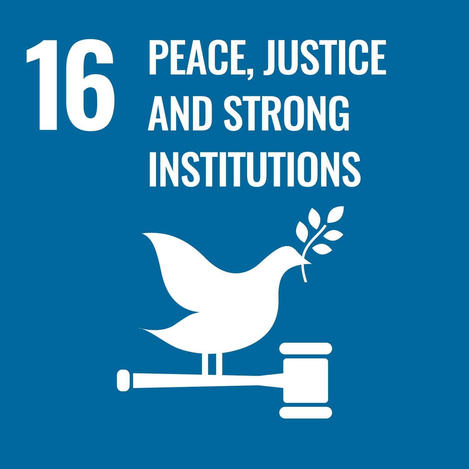 Weiße Schrift auf blauem Hintergrund: 16 Frieden, Gerechtigkeit und starke Institutionen, darunter ein Piktogramm einer Friedenstaube auf einem Richterhammer
